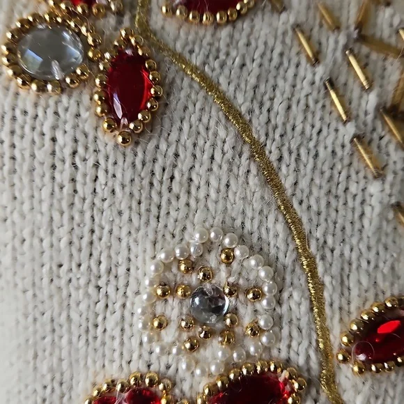 Pierre Cardin Cream Red Embellished Cardigan Sweater Size Large Vintage - Picture 7 of 13